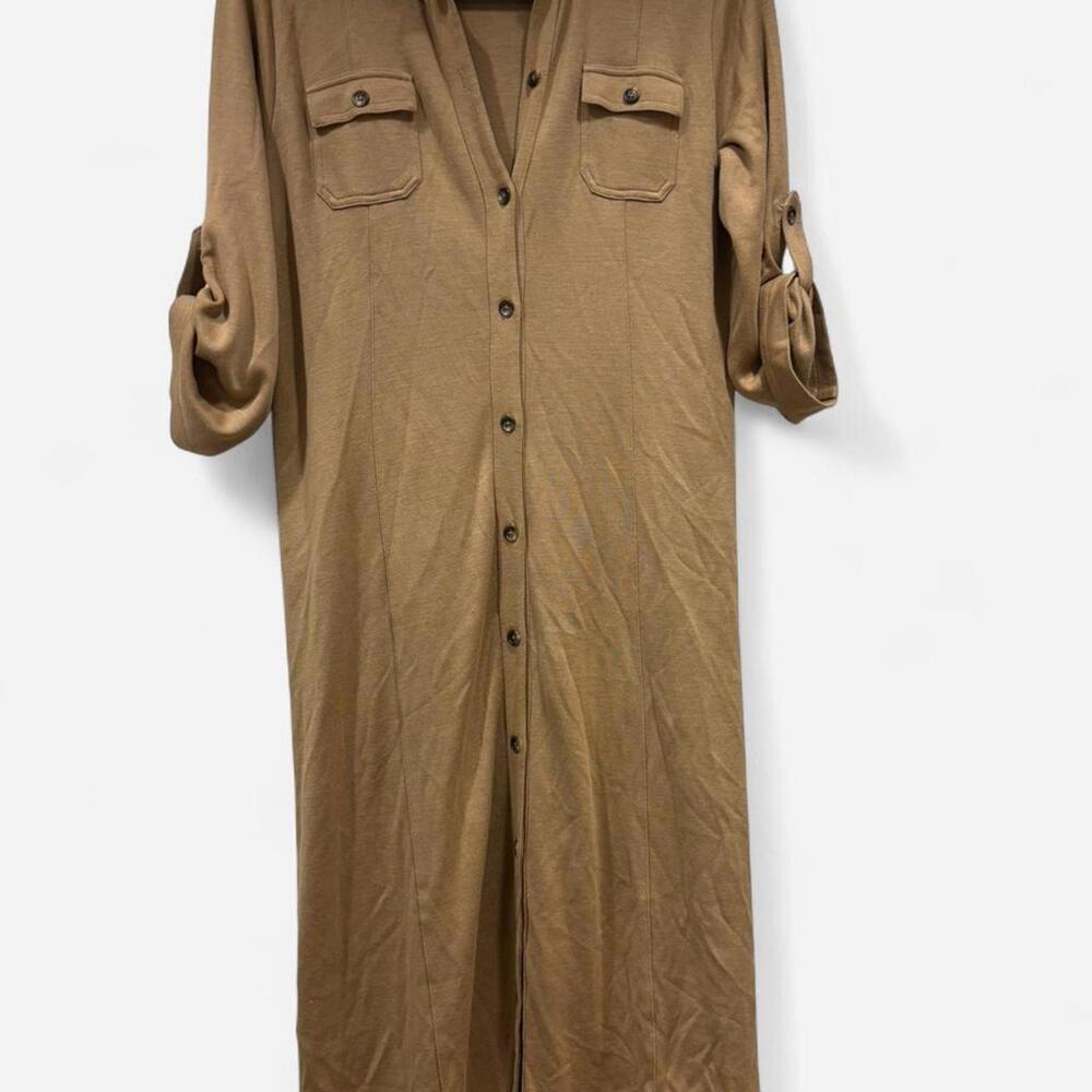 VINTAGE Lauren Ralph Lauren brown midi dress with button-up front and 3/4 sleeve